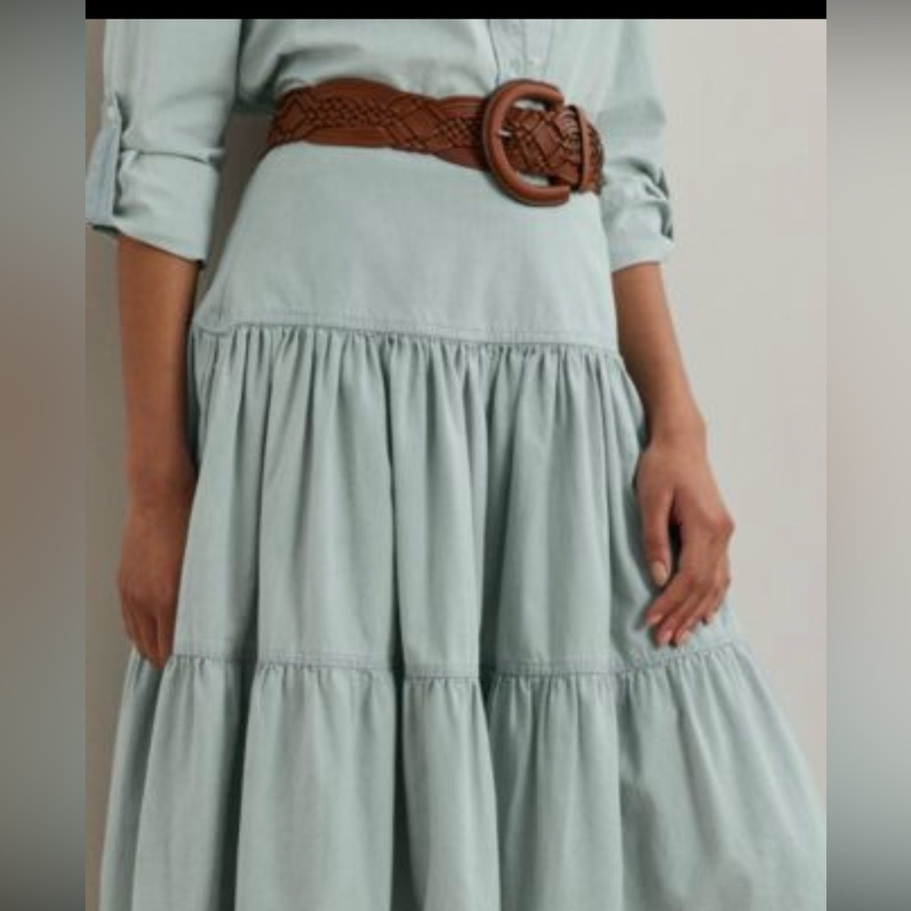Lauren Ralph Lauren Tiered A-Line Skirt | 100% Cotton | Size 14 | Blue Chambray